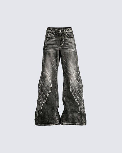 Angel Wing Print Distressed Wide-Legged Jeans