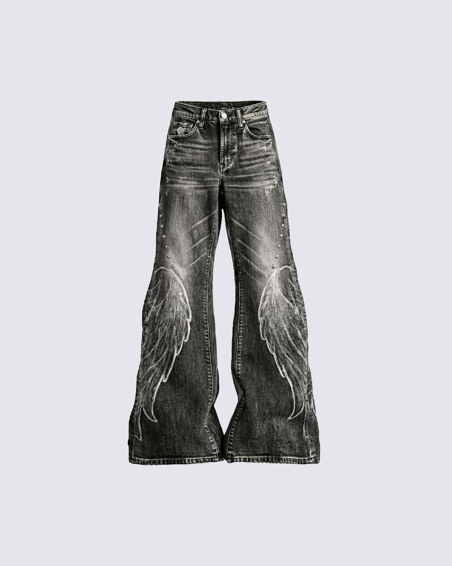 Angel Wing Print Distressed Wide-Legged Jeans