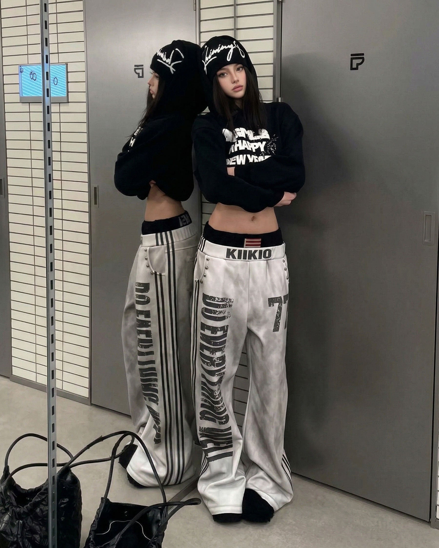 New Double Waist Letter Print Wide-Leg Pants