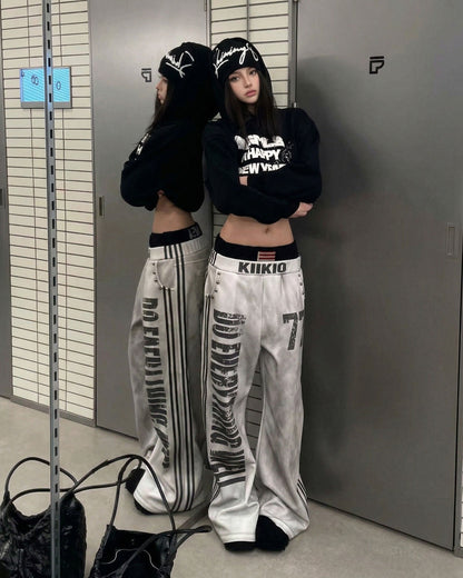New Double Waist Letter Print Wide-Leg Pants