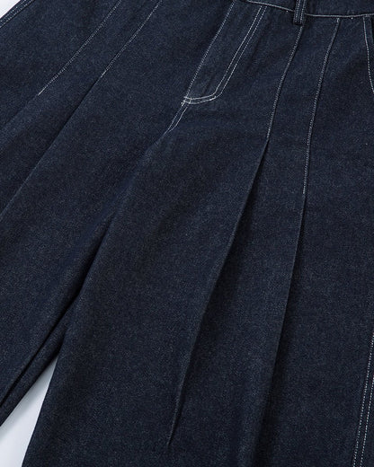 Wide-Leg Pleated Denim Trousers