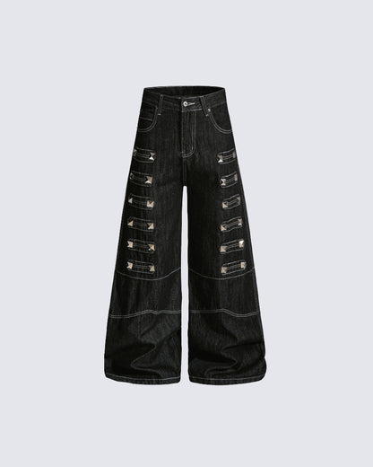 Grommet Detail Wide Leg Denim Pants