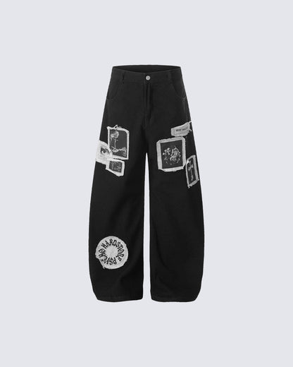 Graphic Patch Wide Leg Denim Pants