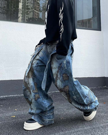 Heavy Stitch Patchwork Wide-Leg Jeans