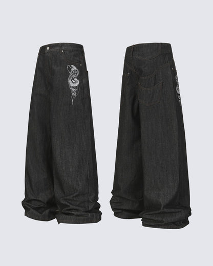 Street Style Snake Embroidery Denim Pants