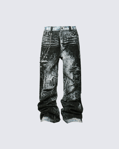 Grunge Snake Print Stacked Washed Jeans