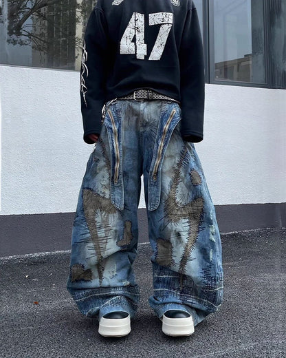 Heavy Stitch Patchwork Wide-Leg Jeans