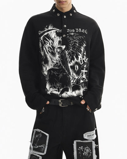 Street Printed Stand Collar Long Sleeve Polo Shirt