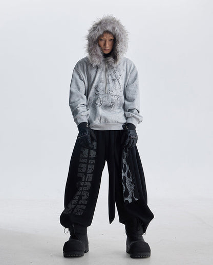 Lightweight Fuzzy Printed Half-Zip Cropped Hoodie