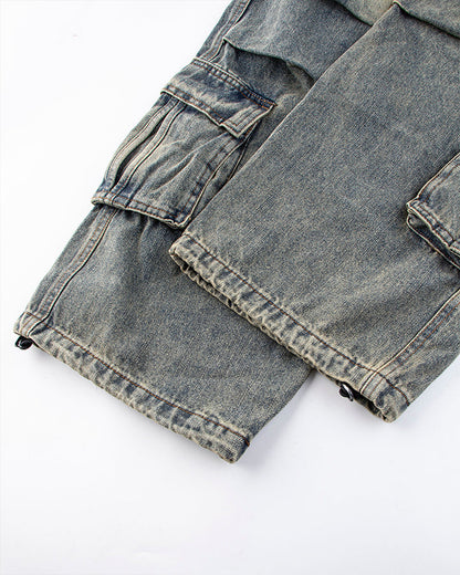 Washed Denim Multi-Pocket Cargo Pants