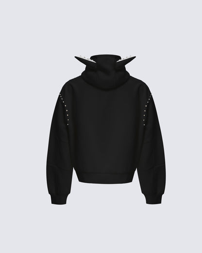 Horned Studded Zip-Up Hoodie with Ear Detail