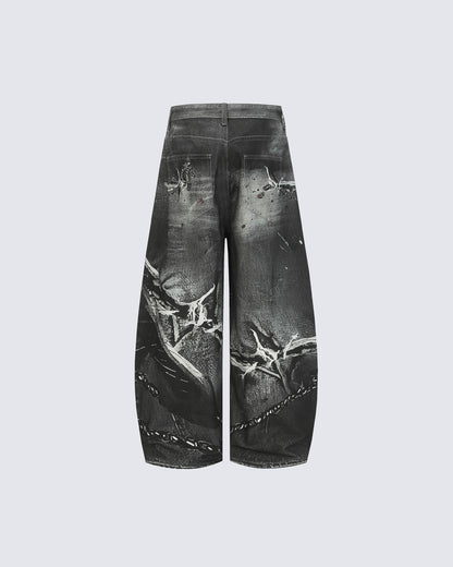 Graphic Print Wide-Leg Denim Jeans