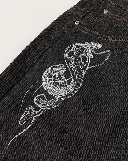 Street Style Snake Embroidery Denim Pants