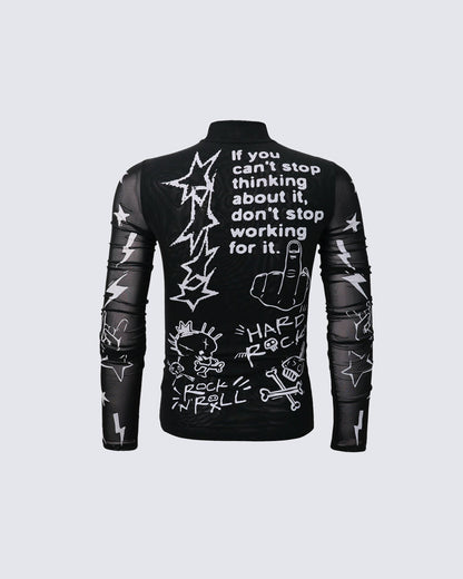 Gothic Rock Graphic Sheer Mesh Long Sleeve Tee