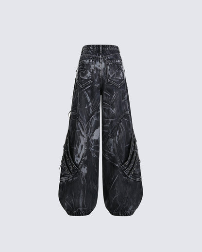 Vintage Washed Patchwork Lace-Up Wide Jeans