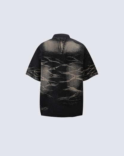 Vintage Washed Shadow Print Short Sleeve Shirt
