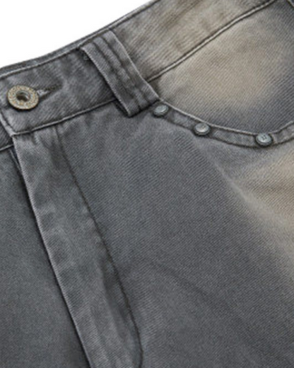 American-Style Distressed Vintage Washed Multi-Pocket Wide-Leg Jeans