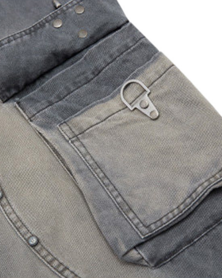 American-Style Distressed Vintage Washed Multi-Pocket Wide-Leg Jeans