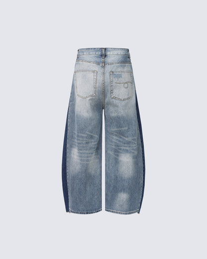 Spring Contrast Panel Wide-Leg Denim Jeans