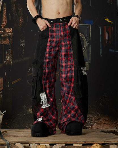 New Layered Plaid Cargo Wide-Leg Pants