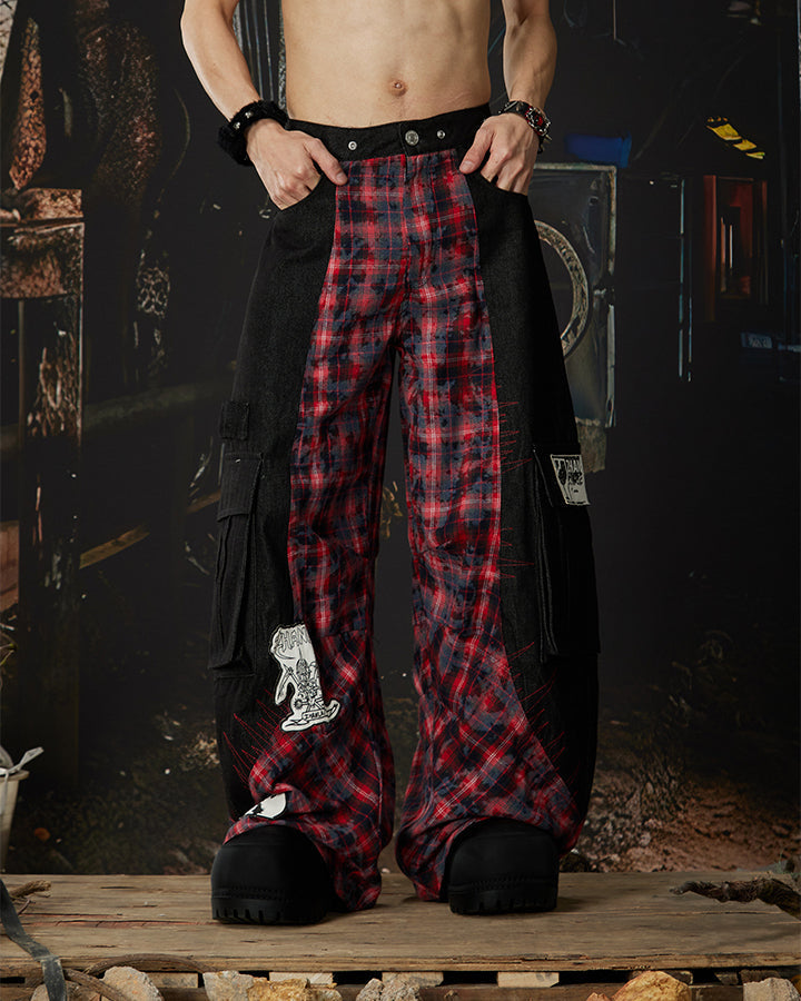 New Layered Plaid Cargo Wide-Leg Pants