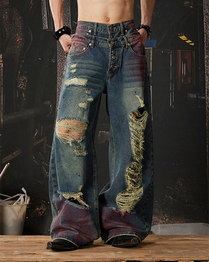 New Double Waist Spray Distressed Jeans