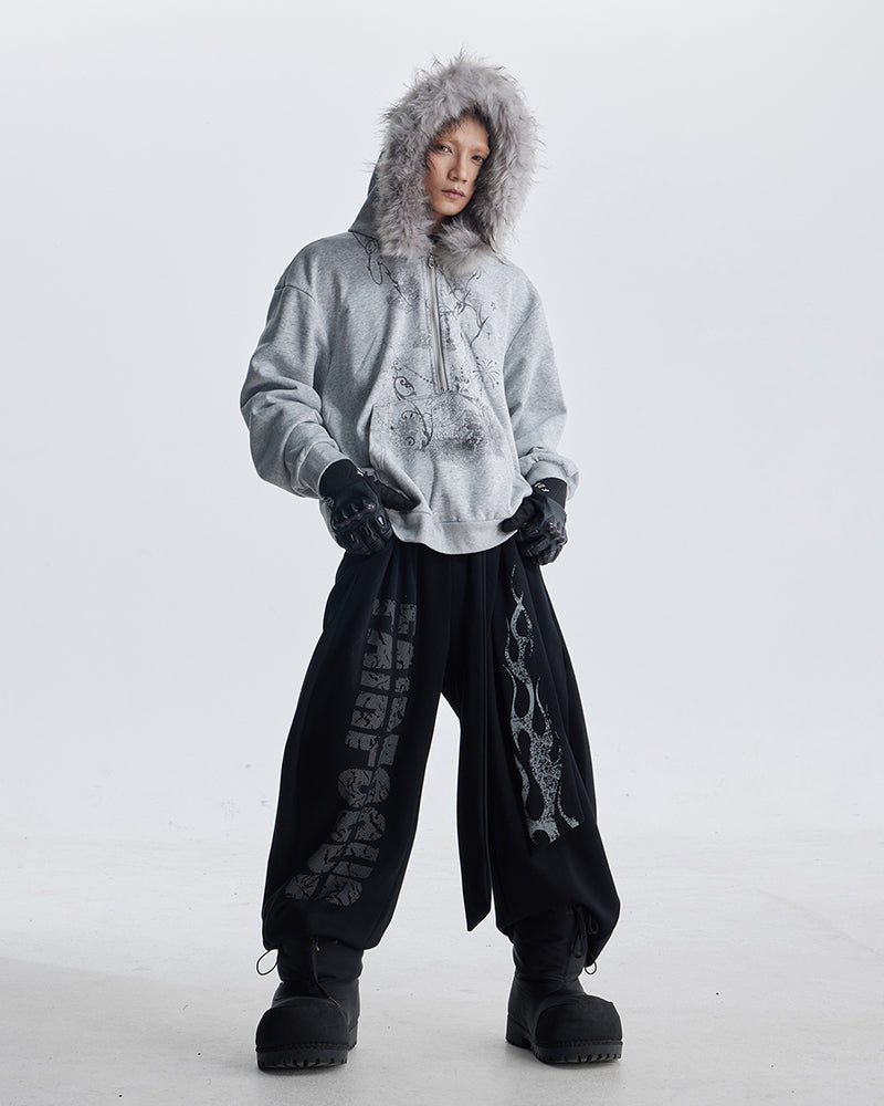 Totem Print Tie-Waist Scimitar Relaxed Wide-Leg Sweatpants