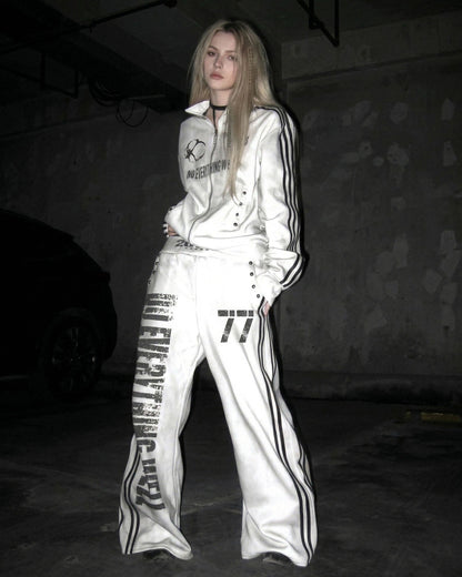 New Double Waist Letter Print Wide-Leg Pants
