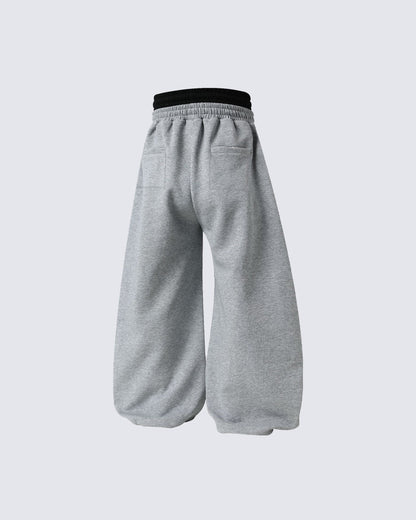 Double Waistband Number Patch Wide Leg Sweatpants