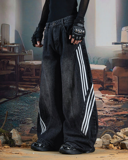 Washed Side Stripe Panel Denim Pants