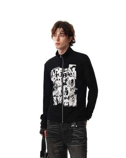 Ribbed Graphic Zip-Up Long Sleeve