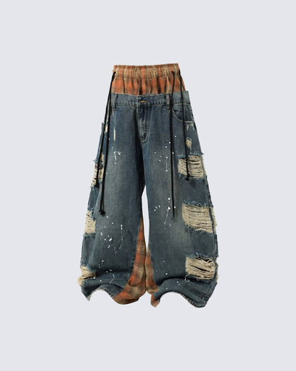 Hip-Hop Patchwork Plaid Layered Denim Pants