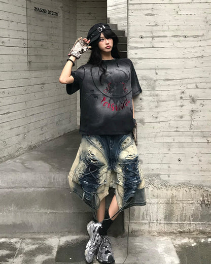 Dark Washed Deconstructed Lace-Up Denim Shorts