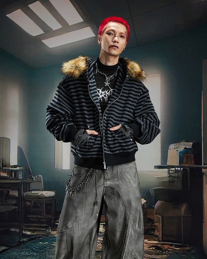 Striped Faux Fur Hooded Jacket