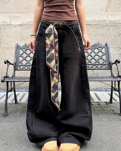 Scarf Belt Wide Leg Denim Pants