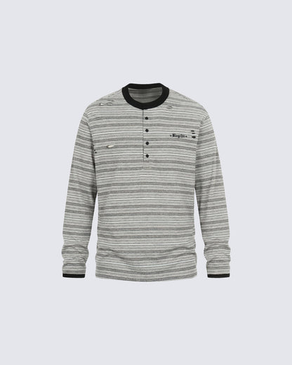 Vintage Contrast Stripe Button Long Sleeve T-Shirt