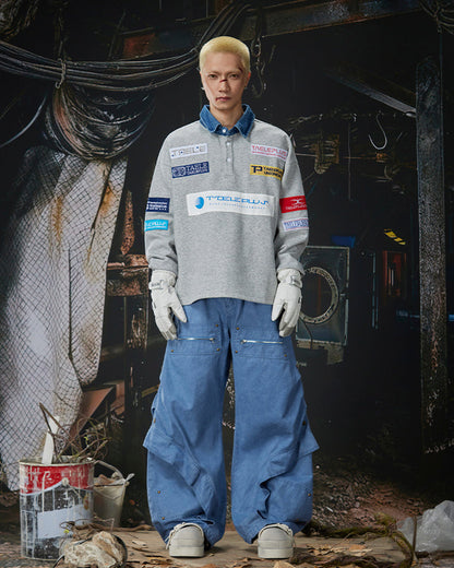 Spliced Metal-Detail Scimitar Denim Pants
