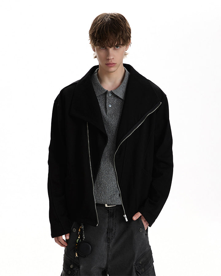 Minimalist Asymmetric Zip Stand Collar Jacket