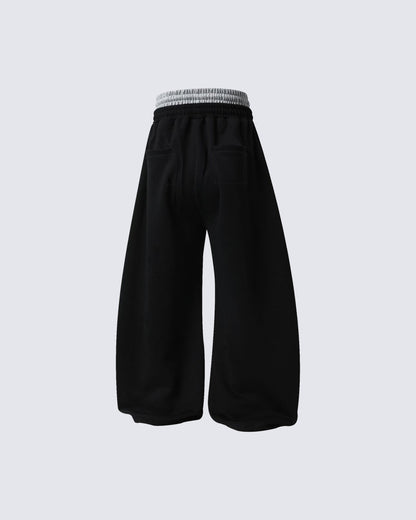 Double Waistband Number Patch Wide Leg Sweatpants