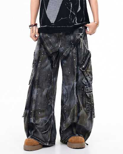 Heavy Washed Ink-Splatter Deconstructed Denim Jeans