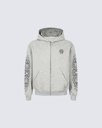 New Vintage Gothic Print Zip Hoodie