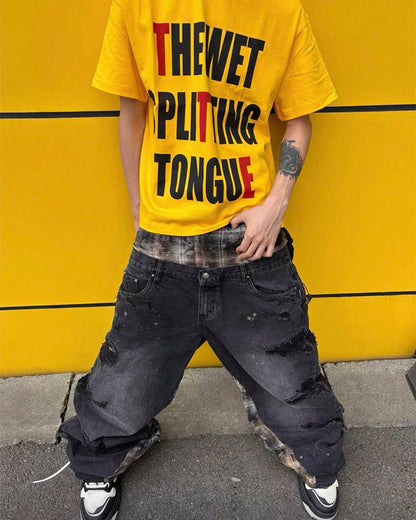 Hip-Hop Patchwork Plaid Layered Denim Pants