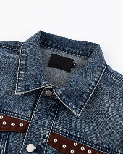 Leather Patch Studded Denim Vest