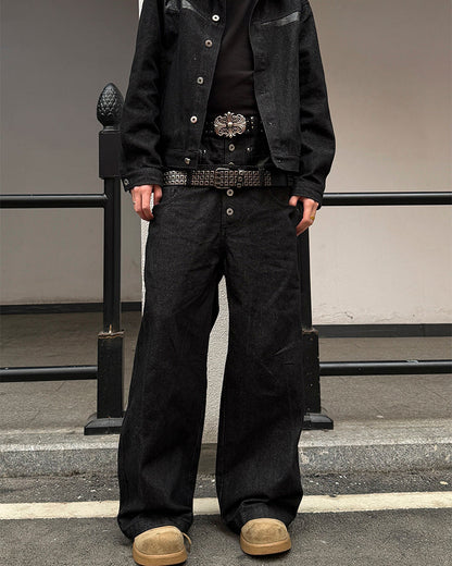 Rivet Patchwork Leather Panel Denim Pants