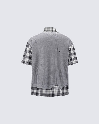 Patchwork Distressed Plaid Layered Knit T-Shirt