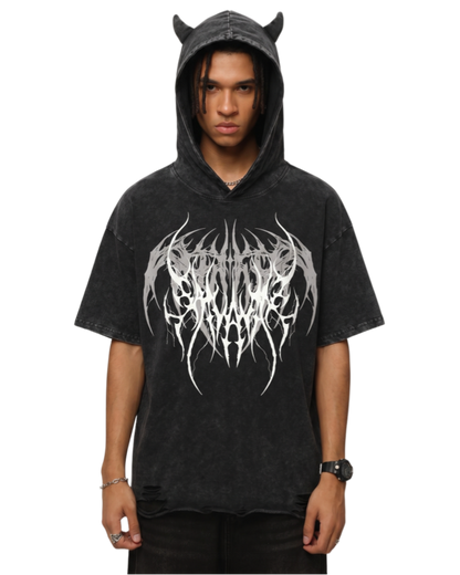 Gothic Hooded Skull Print T-shirt