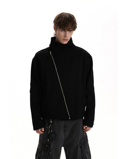 Minimalist Asymmetric Zip Stand Collar Jacket