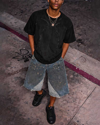 Dark Washed Deconstructed Seam Short Sleeve T-Shirt