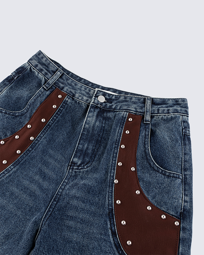 Leather Patch Pocket with Studded Detail Denim Pants