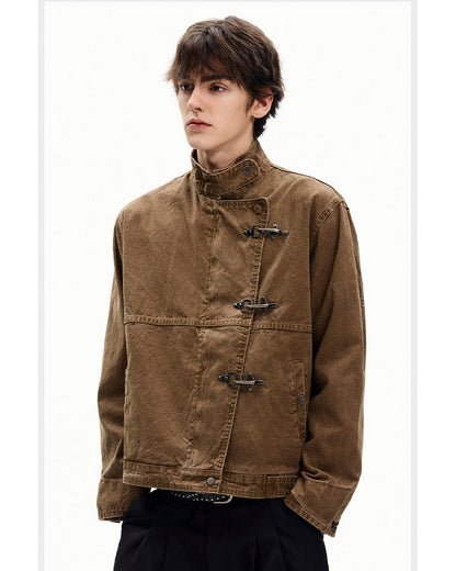 Buckled Stand-Collar Aircraft Buckle Utility Jacket
